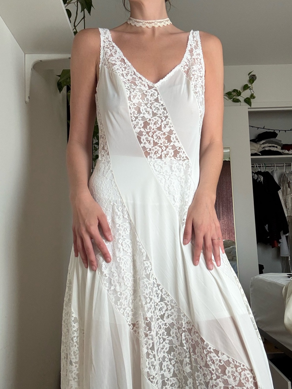 Vintage White Lace Panel V-Neck Slip Dress